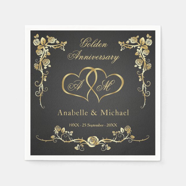 Gold Floral Hearts 50th Wedding Anniversary Napkins (Front)