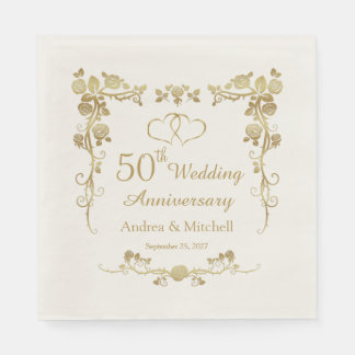 Gold Floral Hearts 50th Wedding Anniversary  Napkins