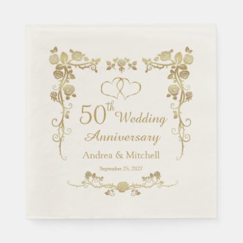 Gold Floral Hearts 50th Wedding Anniversary  Napkins by IrinaFraser at Zazzle