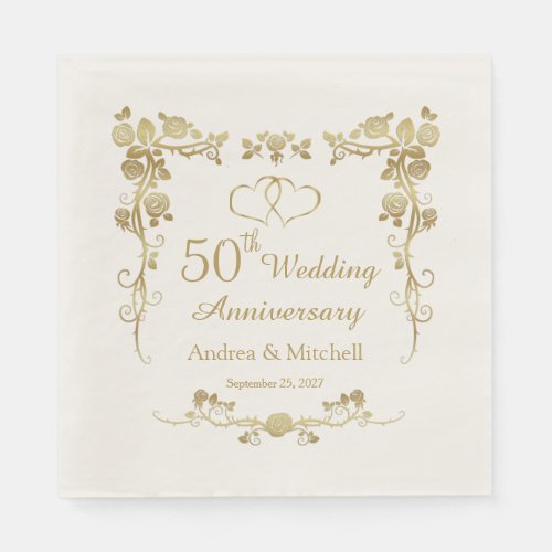 Gold Floral Hearts 50th Wedding Anniversary  Napkins