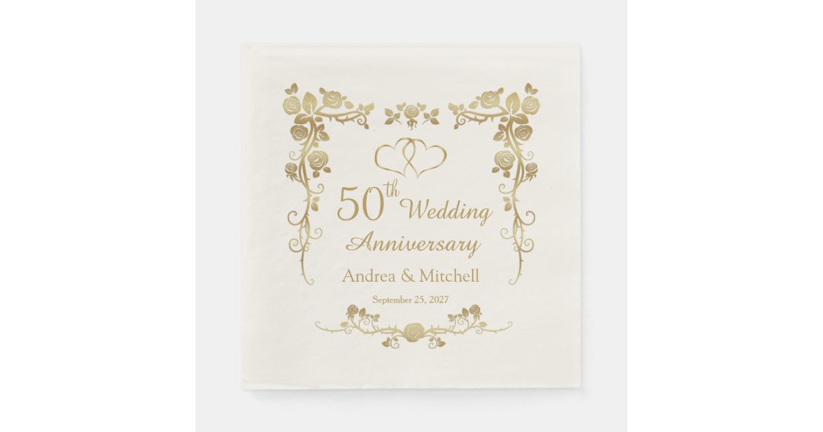 Gold Floral Hearts 50th Wedding Anniversary Napkins Zazzle