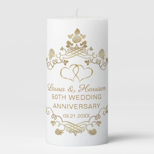 Gold Floral Hearts 50th Wedding Anniversary  Pillar Candle