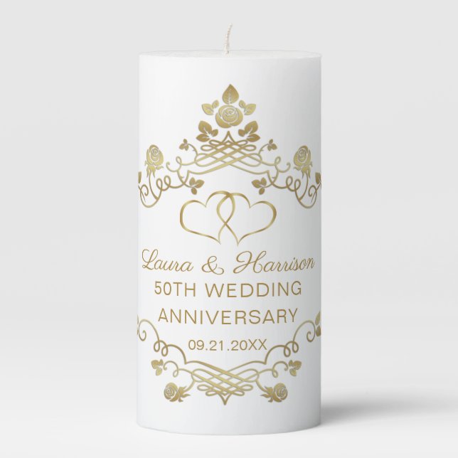 Gold Floral Hearts 50th Wedding Anniversary  Pillar Candle (Front)