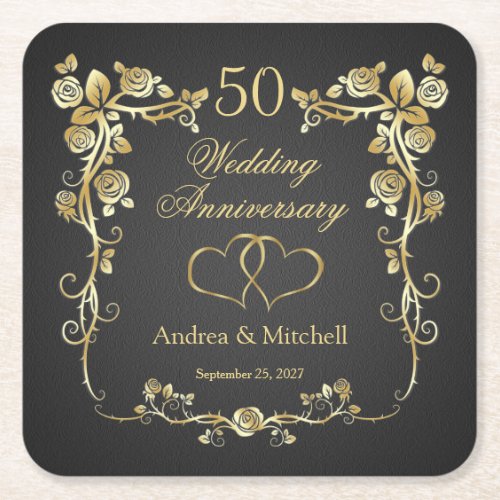 Gold Floral Hearts 50th Wedding Anniversary Square Paper Coaster
