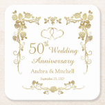Gold Floral Hearts 50th Wedding Anniversary  Square Paper Coaster at Zazzle