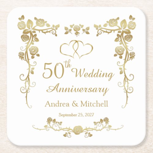 Gold Floral Hearts 50th Wedding Anniversary  Square Paper Coaster