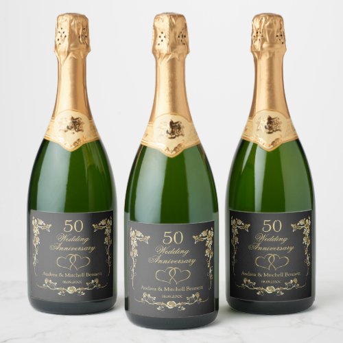 Gold Floral Hearts 50th Wedding Anniversary   Wine