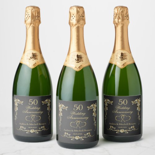 Gold Floral Hearts 50th Wedding Anniversary   Wine Sparkling Wine Label