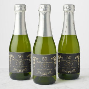 Gold Floral Hearts 50th Wedding Anniversary Wine Sparkling Wine Label