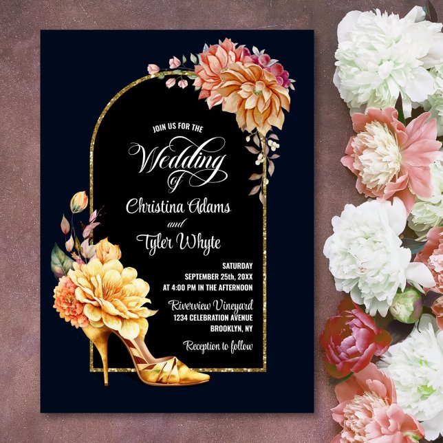 Gold Floral High Heel Navy Blue Arch Wedding  Invitation (Creator Uploaded)