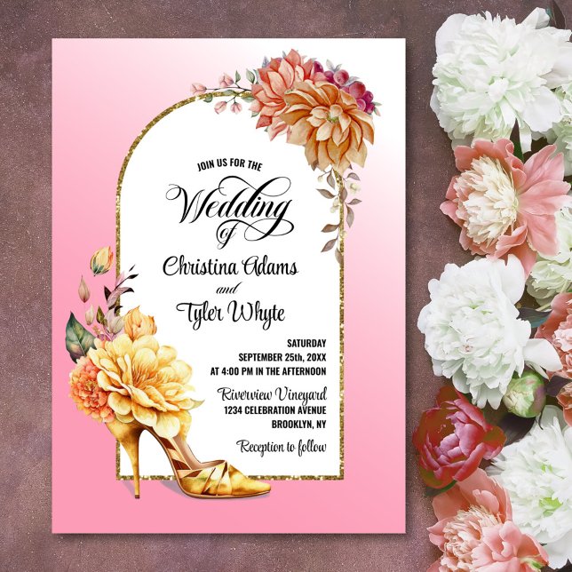 Gold Floral High Heel Pink Arch Wedding  Invitation (Creator Uploaded)
