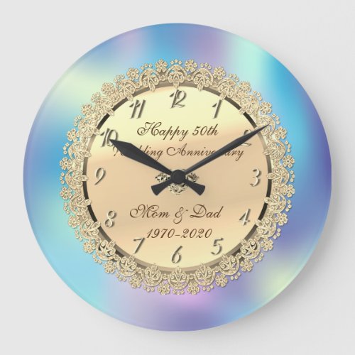 Gold FloralHolographic 50th Wedding Anniversary Large Clock