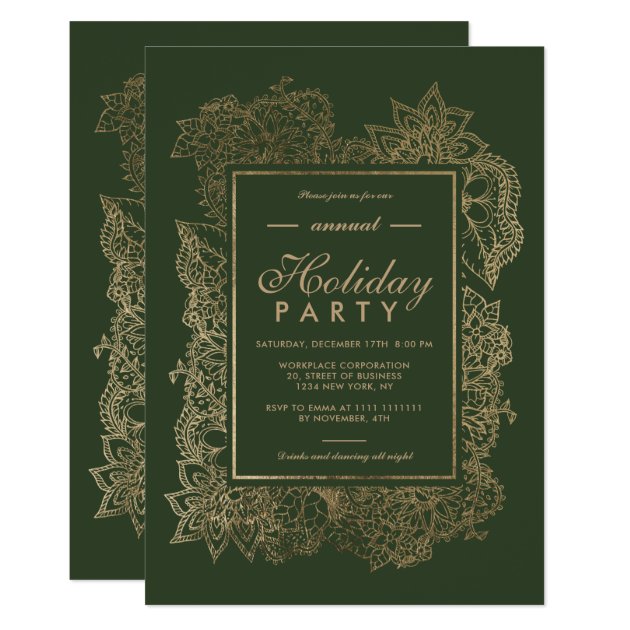 Gold Floral Hunter Green Winter Corporate Holiday Invitation
