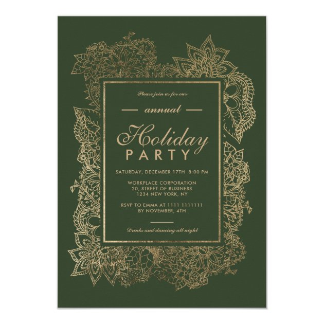 Gold Floral Hunter Green Winter Corporate Holiday Invitation