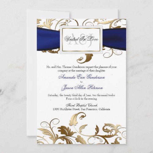 Gold Floral Invite with Navy Bow