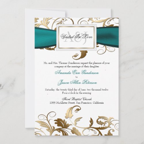 Gold Floral Invite with Teal Bow