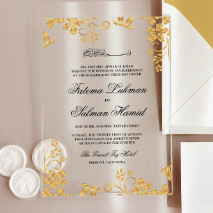 Gold Floral Islamic Muslim Wedding Acrylic Invitations