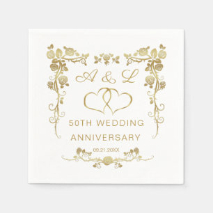 Gold Floral, joined hearts 50 Wedding Anniversary Napkins