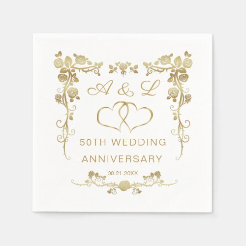 Gold Floral joined hearts 50 Wedding Anniversary  Napkins