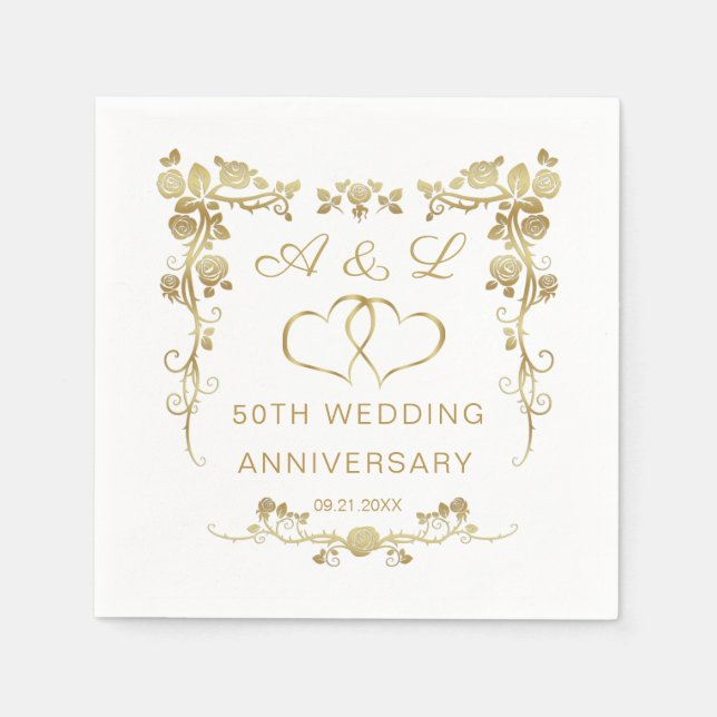 Gold Floral, joined hearts 50 Wedding Anniversary  Napkins (Front)
