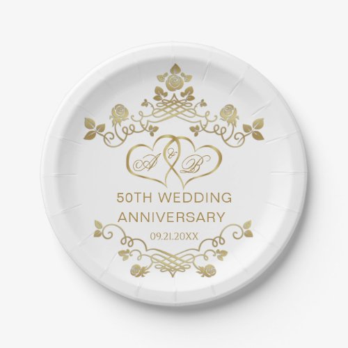 Gold Floral Joined Hearts 50 Wedding Anniversary  Paper Plates