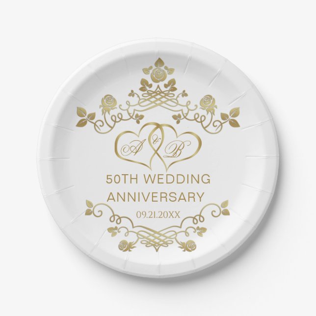 Gold Floral Joined Hearts 50 Wedding Anniversary  Paper Plates (Front)