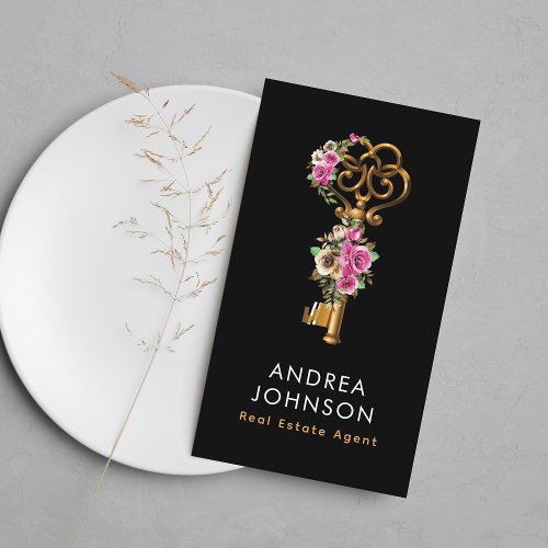 Gold Floral Key Logo Real Estate Add QR Code Photo Business Card