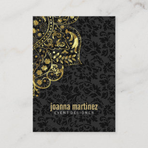 Gold Floral Lace & Black Damasks Background Business Card