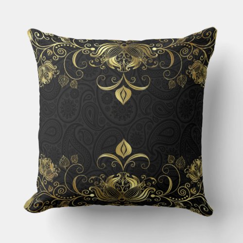 Gold floral lace border with black paisley pattern throw pillow