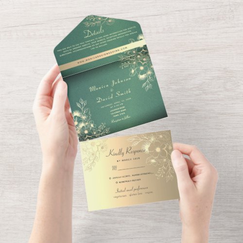 Gold Floral Lace Emerald Green Wedding All In One Invitation