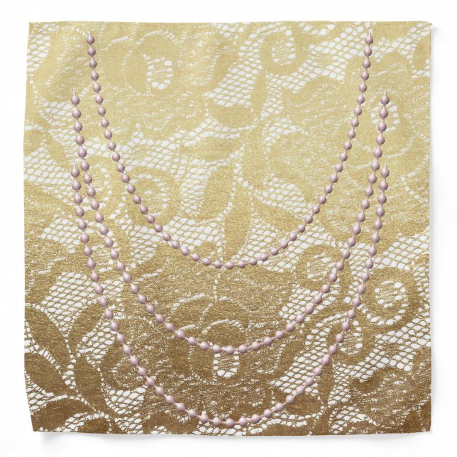 Gold Floral Lace Pink Pearls Bandana (Front)
