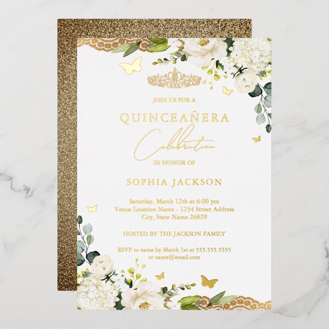 Gold Floral Lace Quinceanera 15th Birthday  Foil Invitation (Front/Back)