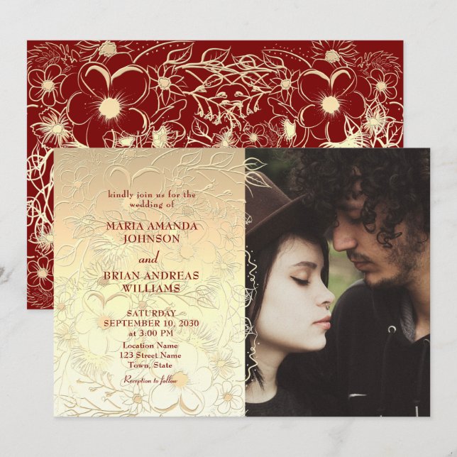 Gold Floral Lace Wedding Photo Invitation (Front/Back)