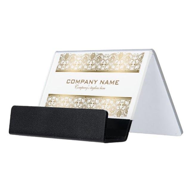 Gold Floral Lace White Background Desk Business Card Holder (Angled Front)