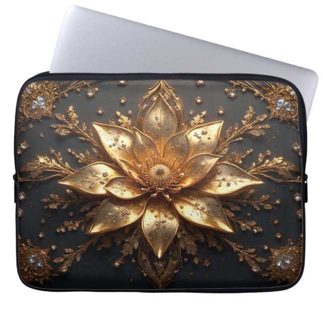 ✨ Gold Floral Laptop Sleeve Luxury Tech Gift 💻🌸 (Front)