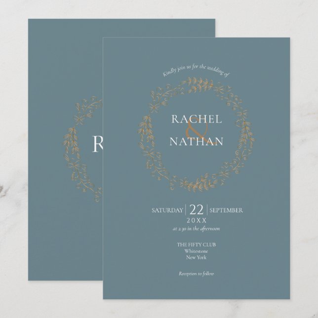 Gold Floral Laurel Garland Wedding Invitation (Front/Back)