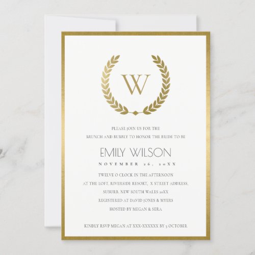 GOLD FLORAL LAUREL WREATH BRUNCH  BUBBLY INVITE