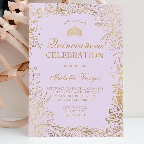 Gold floral lavender Tiara chic Quinceaera Invitation