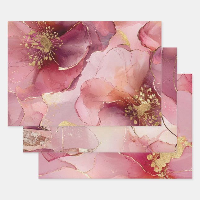 Gold Floral Leaf Blush Pink  Bridal Shower Wrapping Paper Sheets (Set)