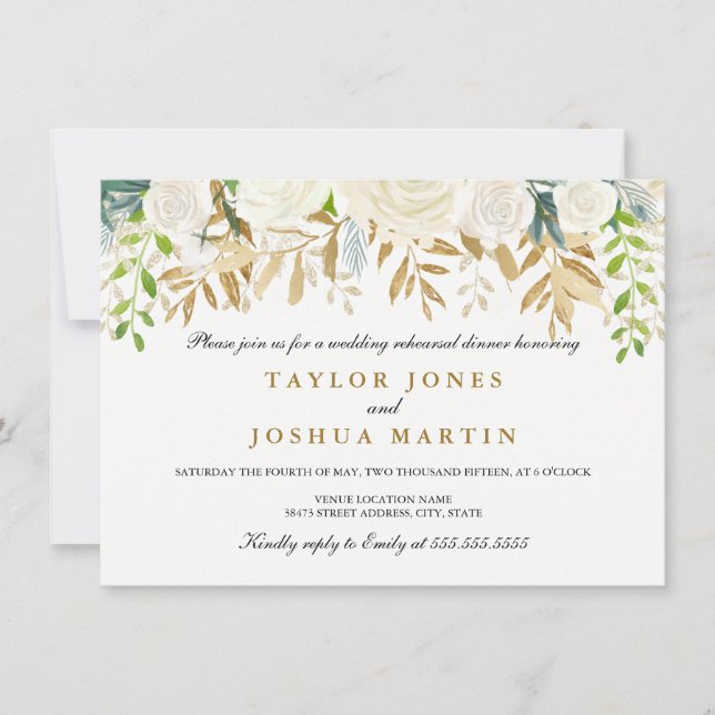Gold Floral Leaf Rehearsal Dinner Invite (Front)