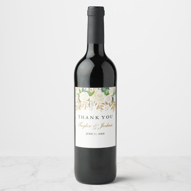 Gold Floral Leaf Thank You Wedding Wine Label (Front)