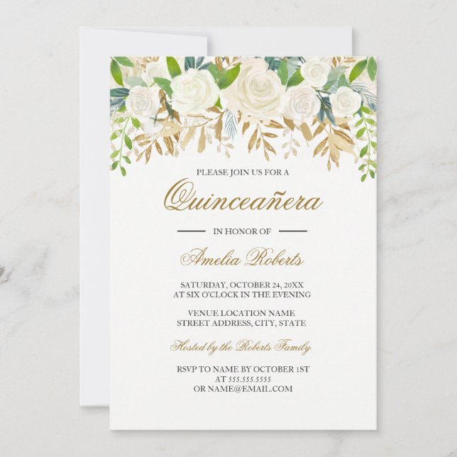 Gold Floral Leaf Watercolor Quinceanera Invitation (Front)