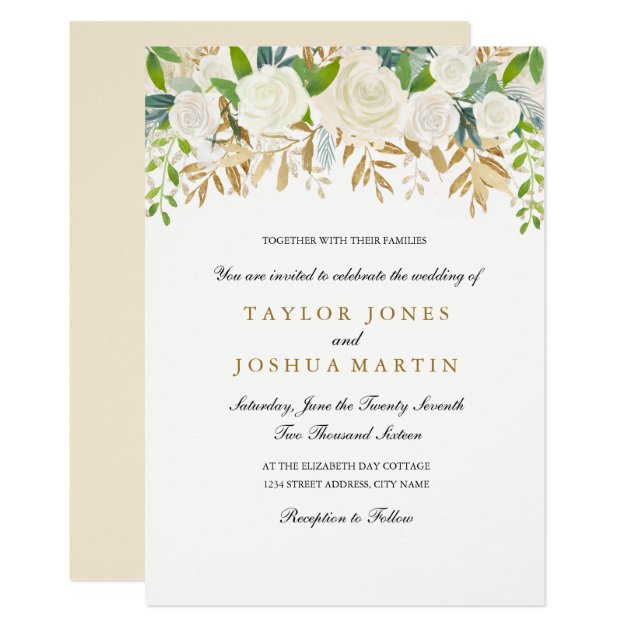 Gold Floral Leaf Watercolor Wedding Invitation
