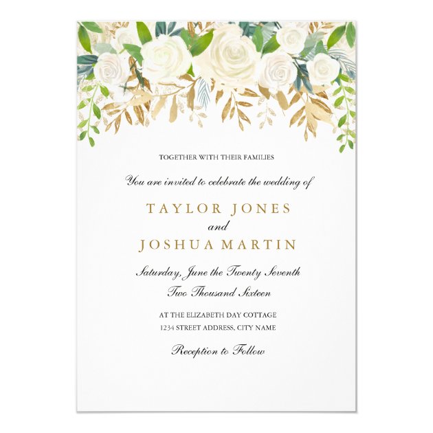 Gold Floral Leaf Watercolor Wedding Invitation