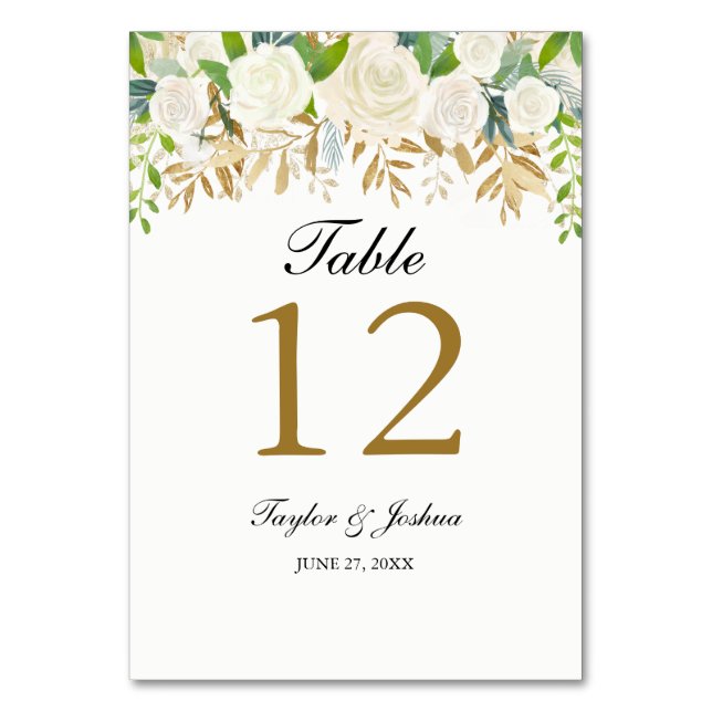 Gold Floral Leaf Watercolor Wedding Table Cards (Front)