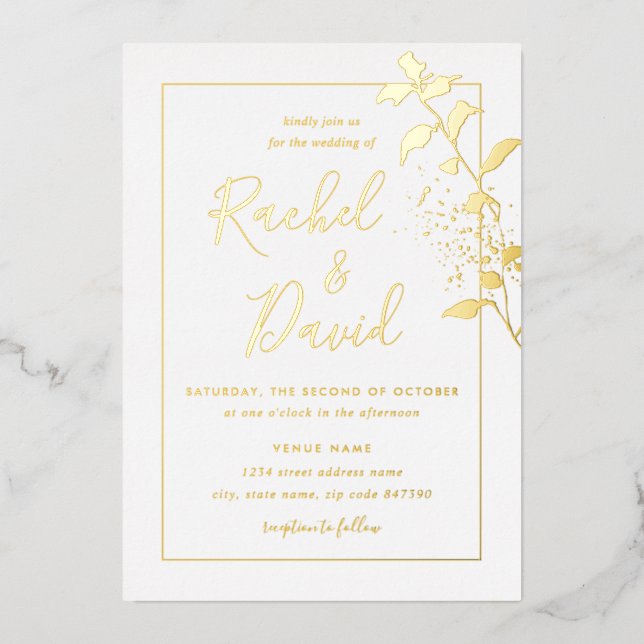 Gold Floral Leaf Wedding Foil Invitation (Front)