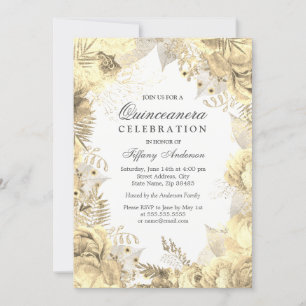 Gold Floral Leaf Wreath Quinceanera Invite