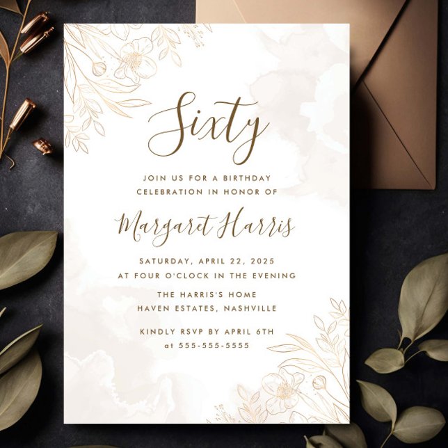 Gold Floral Leaves Border 60th Sixty Birthday Invitation (Creator Uploaded)