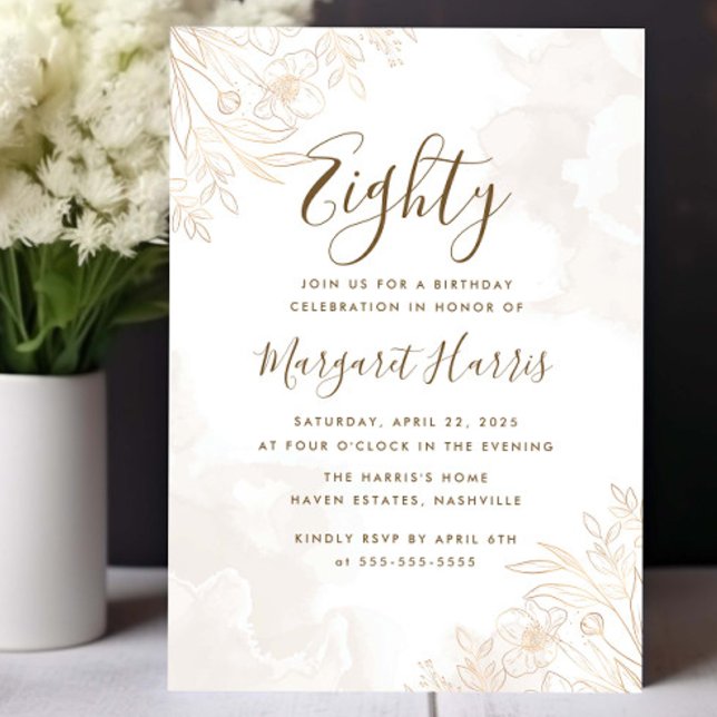 Gold Floral Leaves Border 80th Eighty Birthday Invitation (Creator Uploaded)