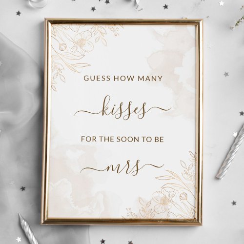 Gold Floral Leaves Border How Many Kisses Game Poster